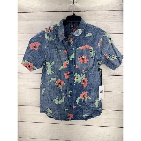 NEFF Mens Button Up Hawaiian Shirt Blue Floral Hibiscus Short‎ Sleeve Sz Sm NWT - Picture 1 of 9